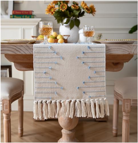 Natural Cotton Woven Table Runner with Tassels, Red and Beige X719890