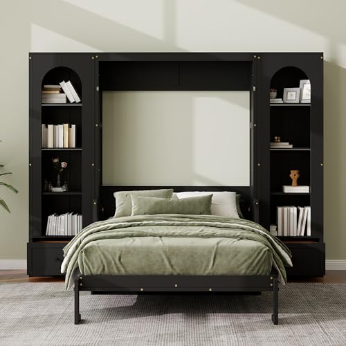 White Queen Size Wood Murphy Bed with Desk and Storage S734765