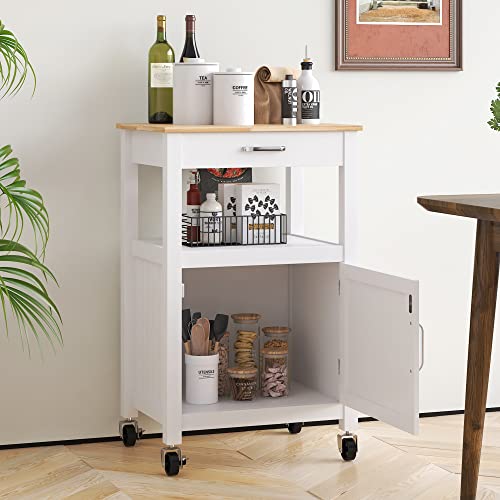 White Rolling Kitchen Island Cart with Storage, Barn Door and Drawer, 36” H K934