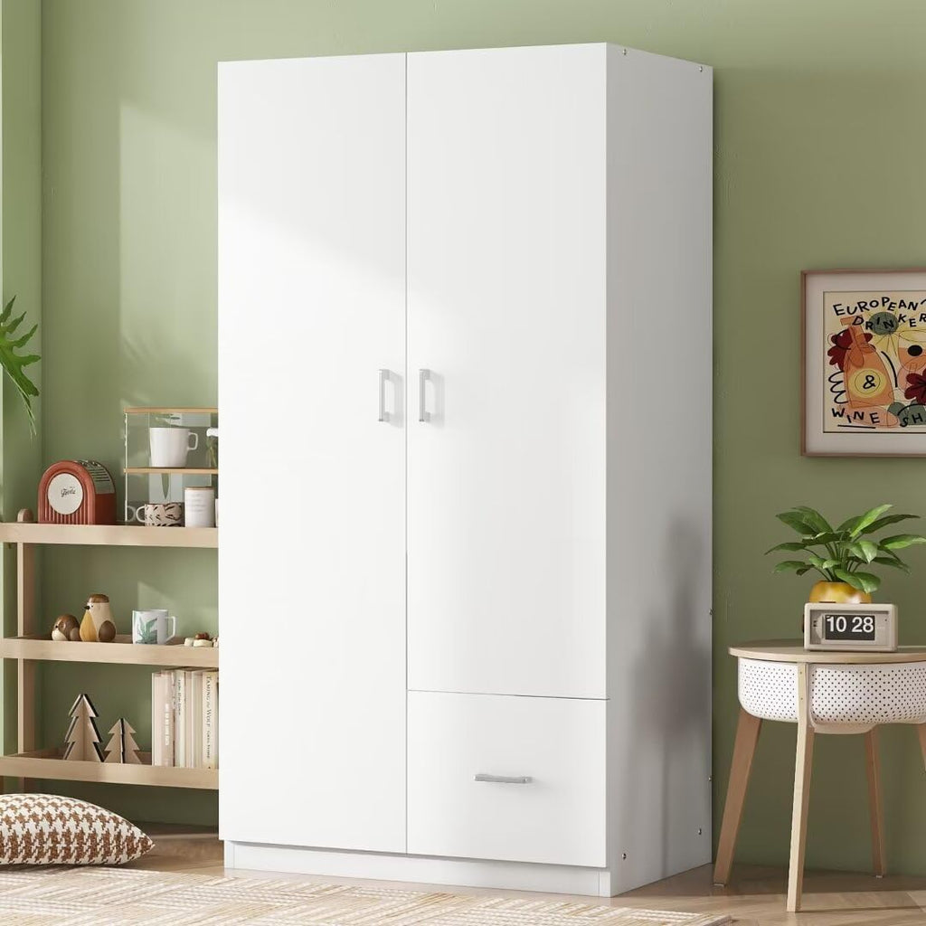 White 2 Door Wood Wardrobe with 5 Fixed Shelves and Hanging Rod J302