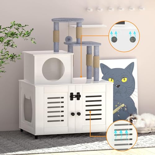 White All-in-one Cat Cabinet with Litter Box Enclosure, Scratching Post, Plush Perch and Divider M6423