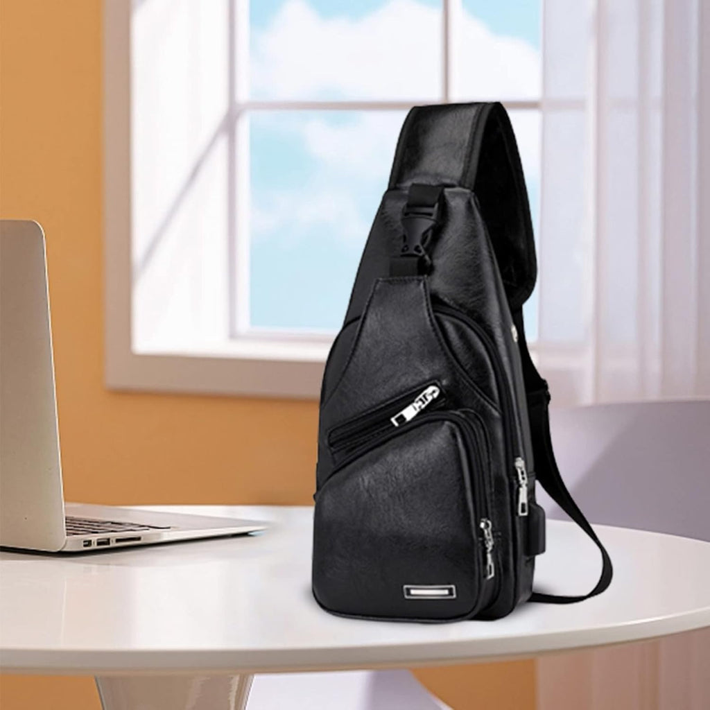Waterproof Leather Sling Backpack with USB Charging Port A223