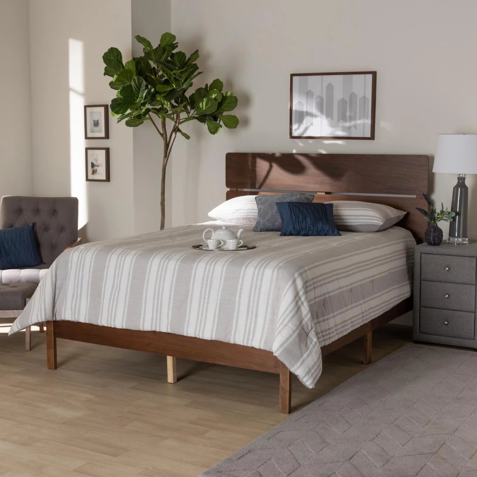 Gray and Oak Finished Wood Full Size Panel Bed P7012
