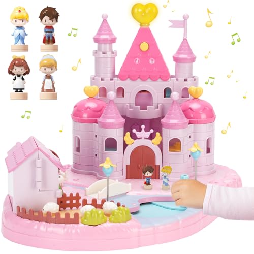 Castle Playset with 4 Magnetic Control Movable Toys, Magnetic Doll House Building Toys with Light & Music（Pink） I5163