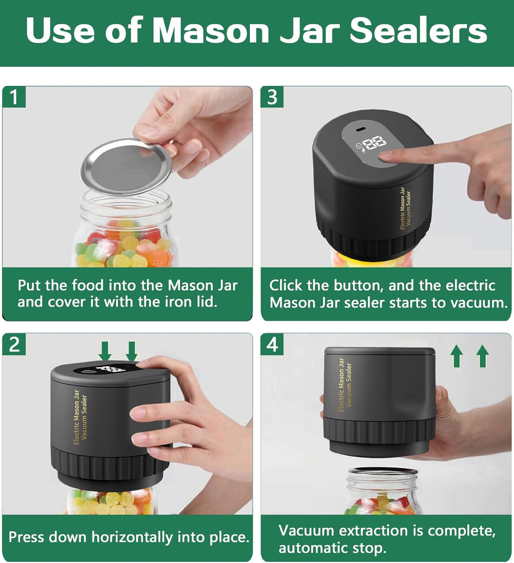Electric Mason Jar Vacuum Sealer for Canning Jars with Regular Mason Lids（Black） V344