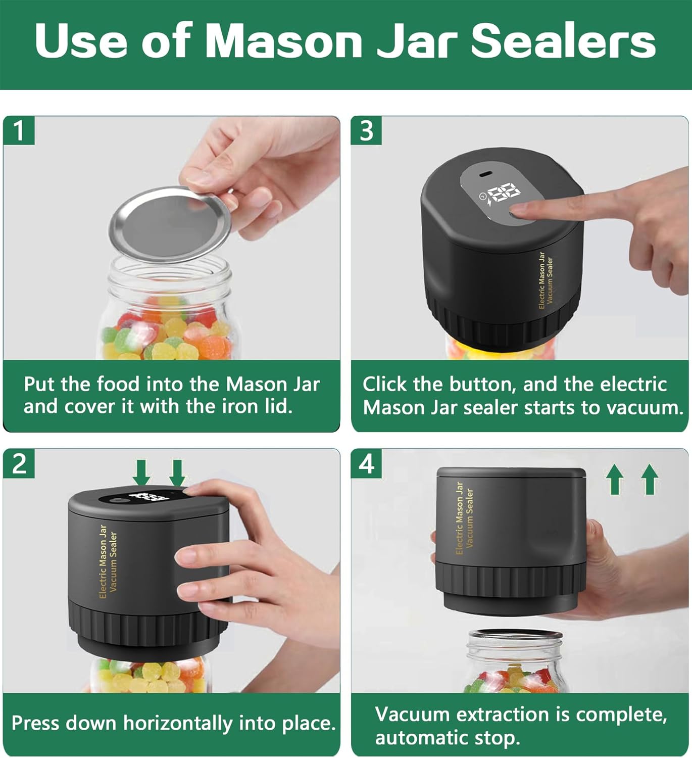 Electric Mason Jar Vacuum Sealer for Canning Jars with Regular Mason Lids（Black） V344