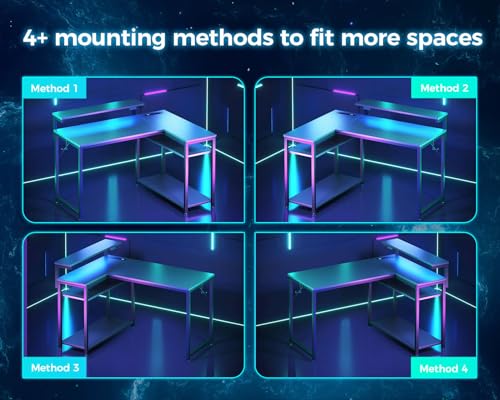 Black L Shaped Gaming Desk with Power Outlet, Height Adjustable Monitor Stand, LED Lights G390350