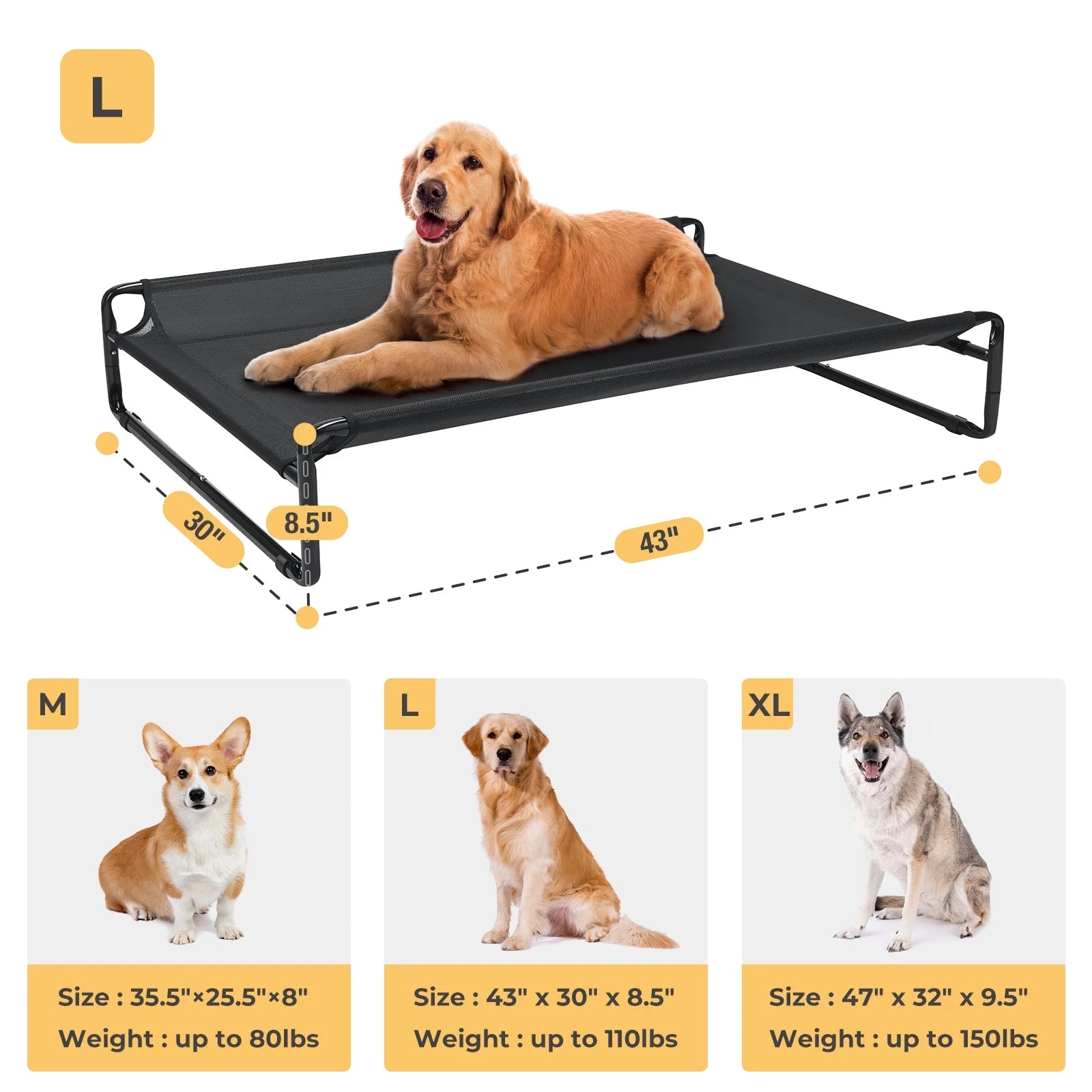 Black Elevated Dog Bed with Washable Mesh X988331