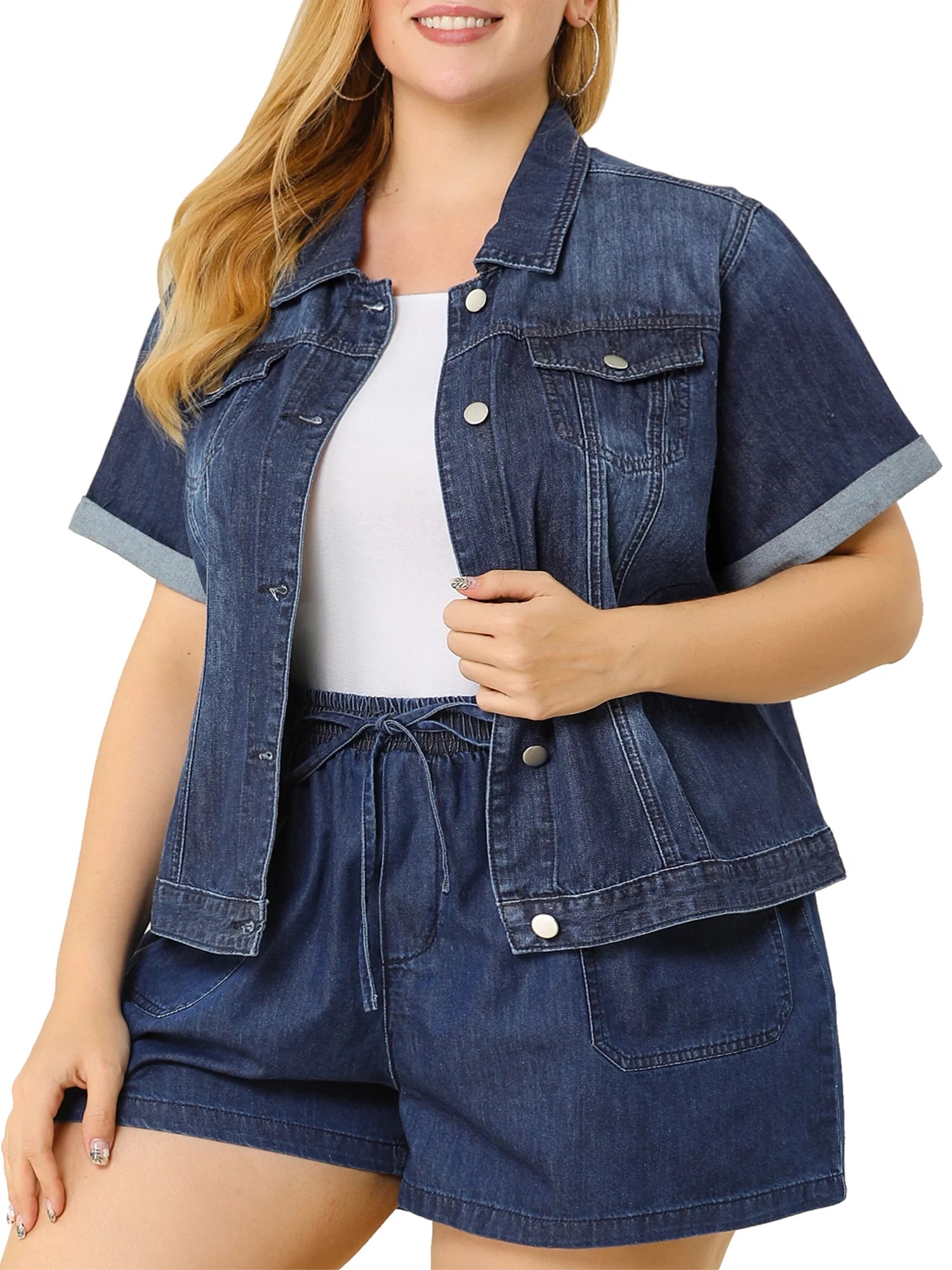 Juniors Plus Size Button Down Crop Denim Jacket Y5302