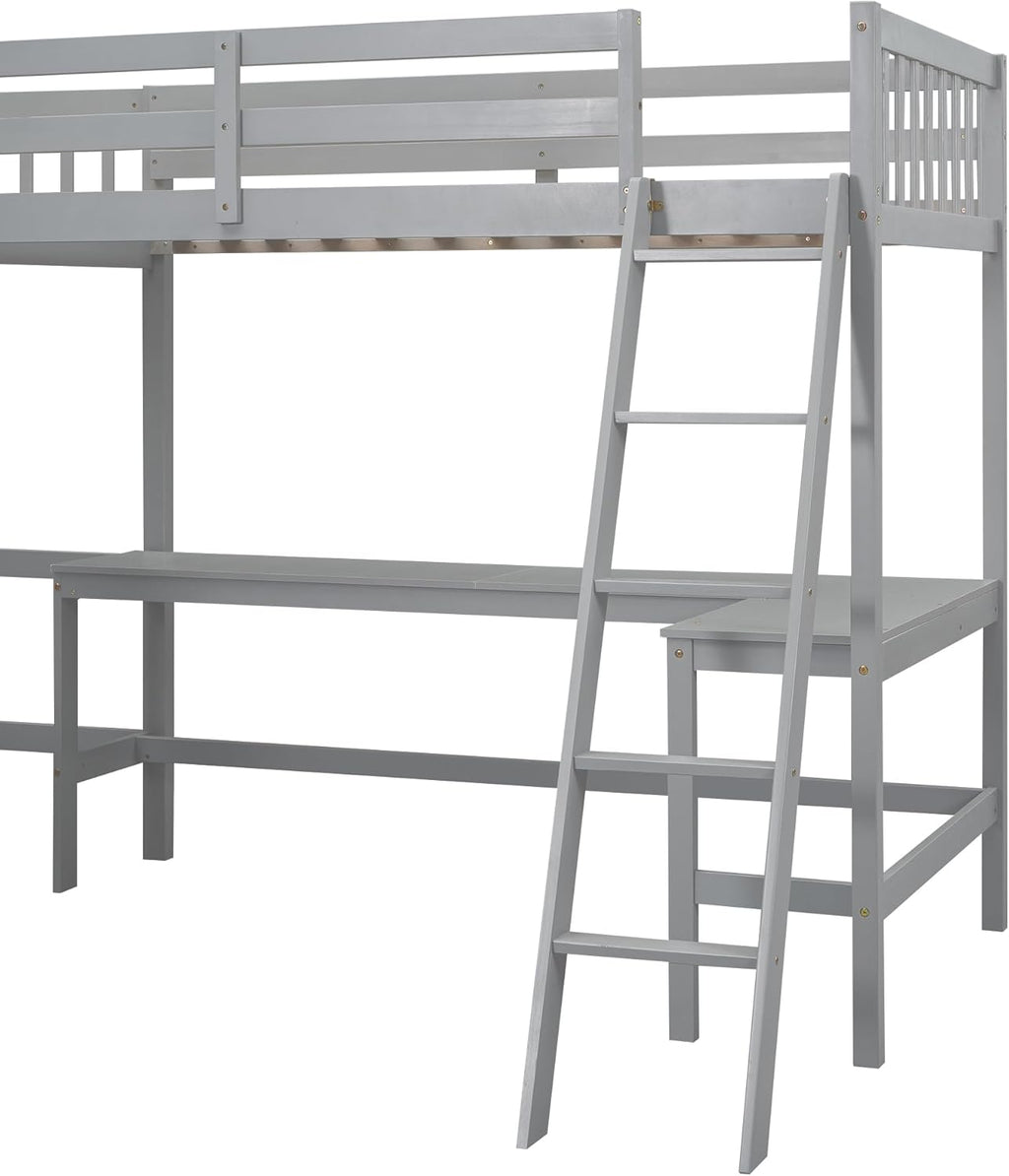 Gray Twin Size L-Shaped Loft Bed with Ladder and 2 Built-in Desks B656