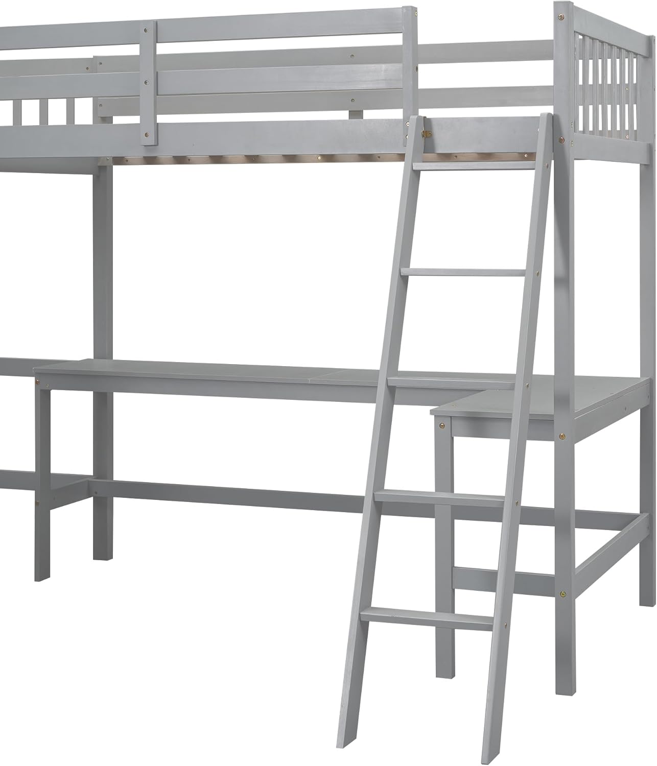 Gray Twin Size L-Shaped Loft Bed with Ladder and 2 Built-in Desks B656