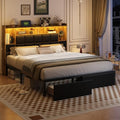 Full Size LED Upholstered Platform Bed Frame with Bookshelf Headboard and 2 Hidden Storage Drawers C231257