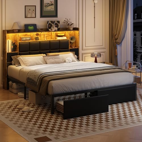Full Size LED Upholstered Platform Bed Frame with Bookshelf Headboard and 2 Hidden Storage Drawers C231257