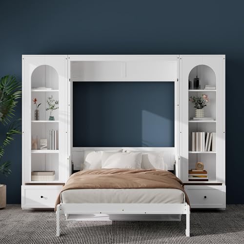 White Queen Size Wood Murphy Bed with Desk and Storage S734765
