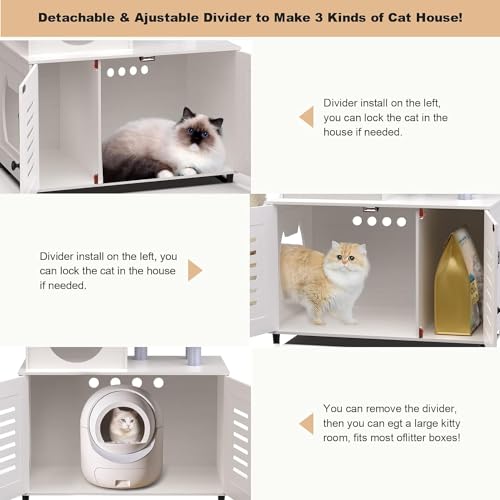 White All-in-one Cat Cabinet with Litter Box Enclosure, Scratching Post, Plush Perch and Divider M6423