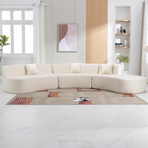 Beige Chenille Curved Sofa Sectional with Three Throw Pillows K671
