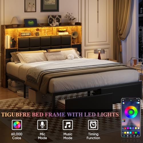 Full Size LED Upholstered Platform Bed Frame with Bookshelf Headboard and 2 Hidden Storage Drawers C231257