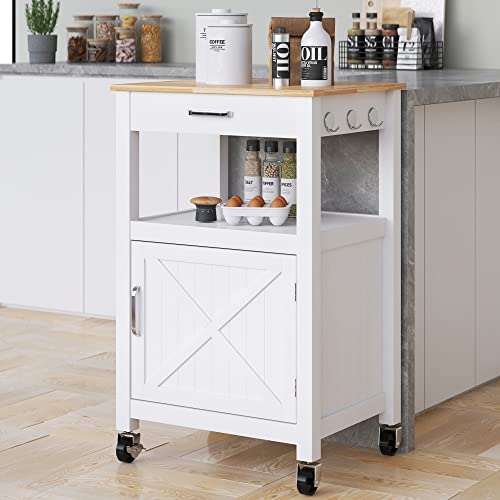 White Rolling Kitchen Island Cart with Storage, Barn Door and Drawer, 36” H K934