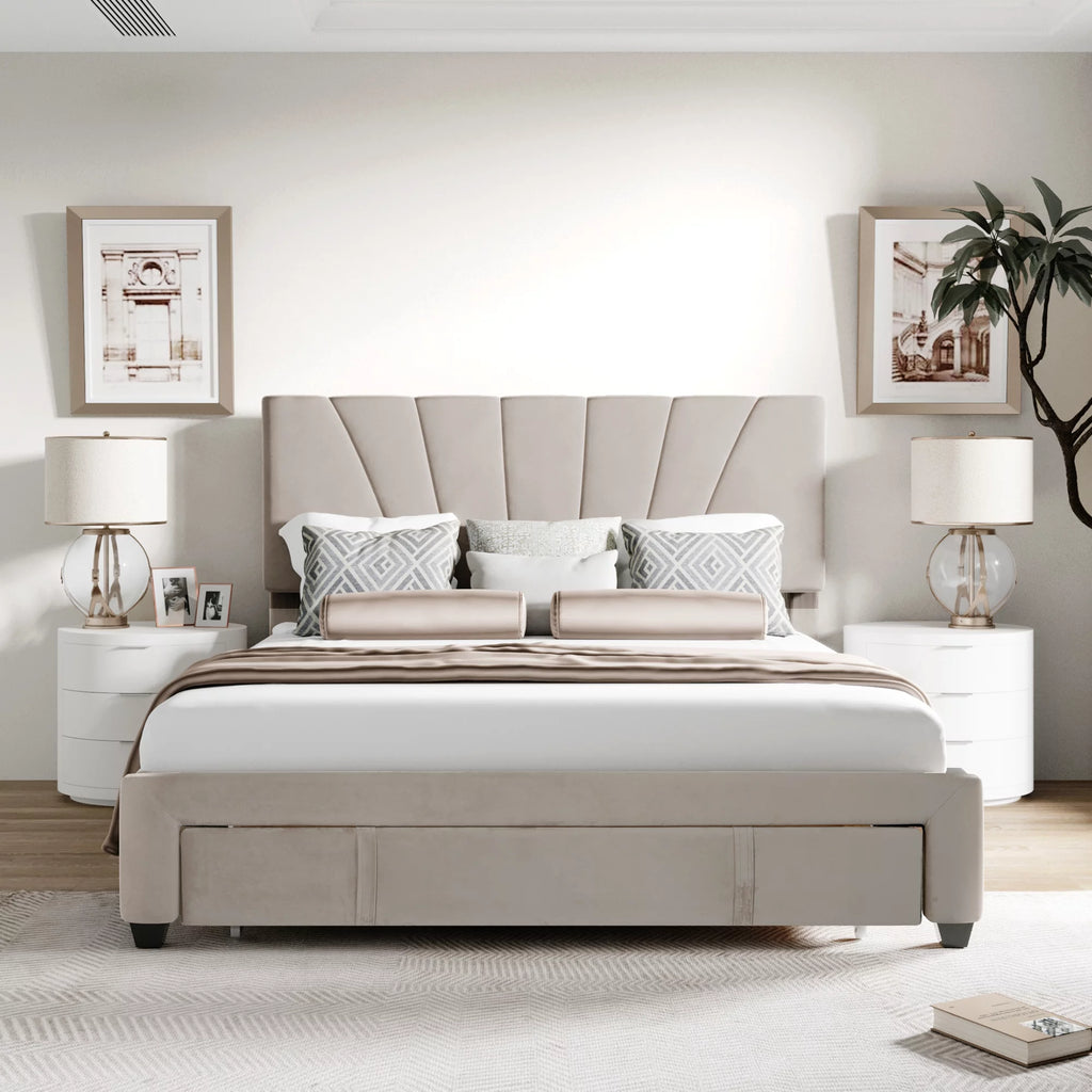 Beige Queen Size Velvet Upholstered Platform Bed with Drawer N4226