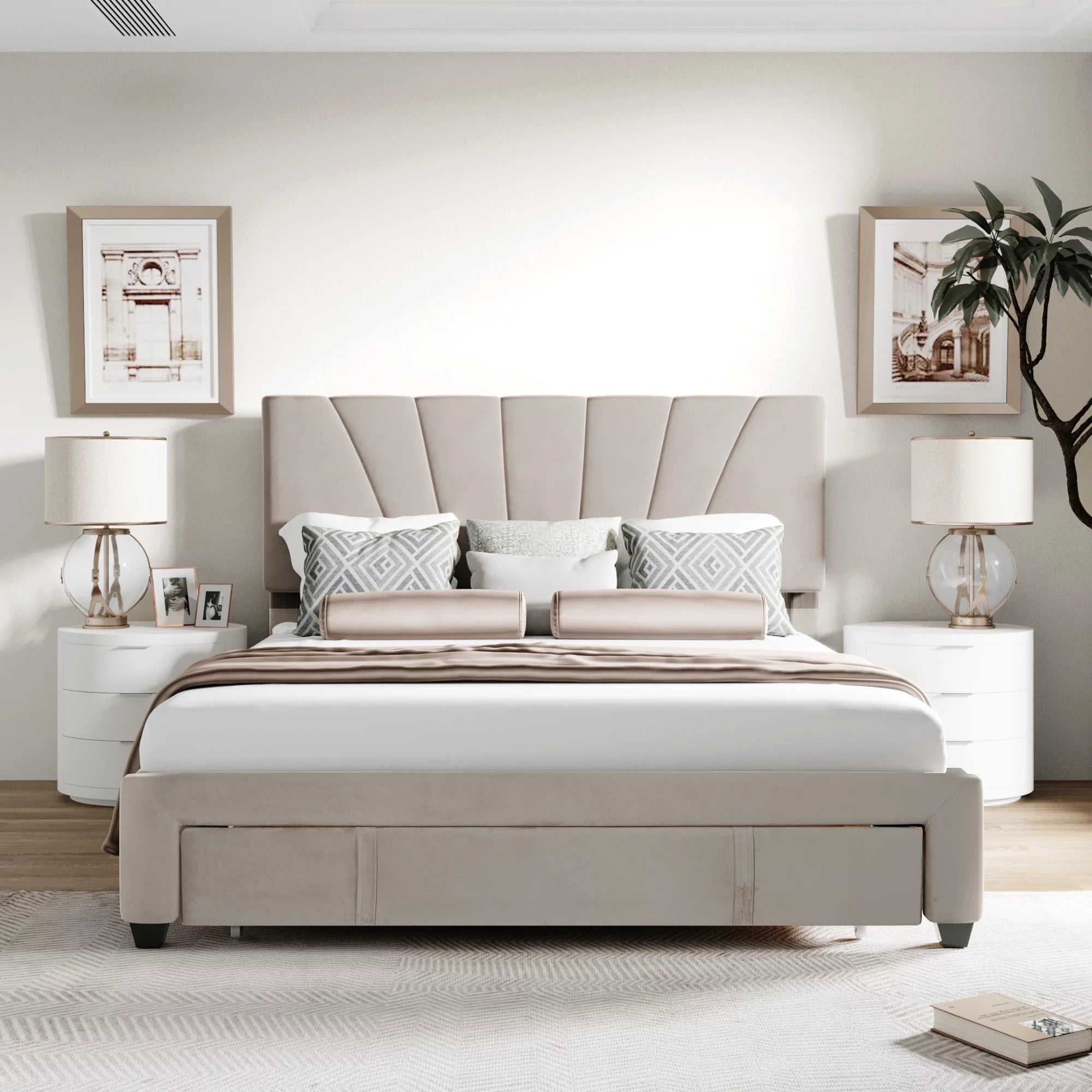 Beige Queen Size Velvet Upholstered Platform Bed with Drawer N4226