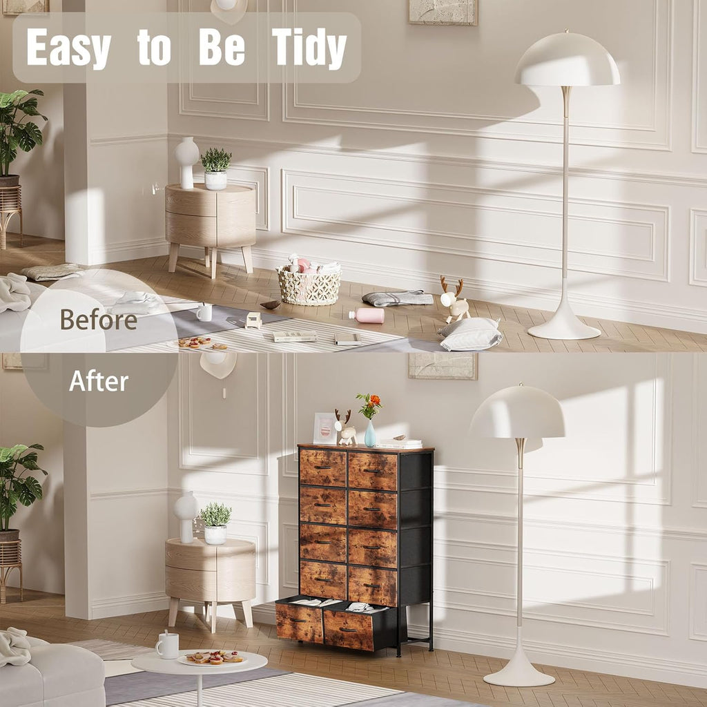 12 Drawers Fabric Dresser with Wood Top, Rustic Brown R27023