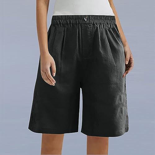 Women's Cotton Linen High Waisted Wide Leg Elastic Drawstring Shorts with Pockets T961844