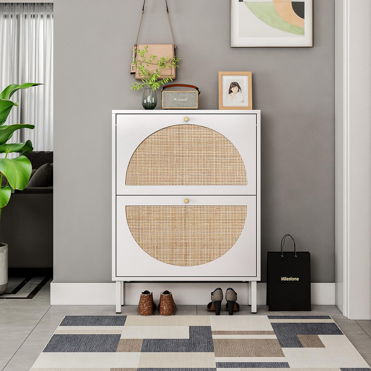 White 2-Drawer Shoe Cabinet with Rattan Doors F536212