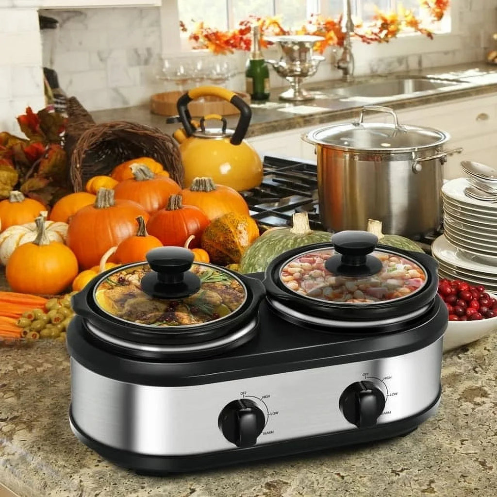 2.5QT Dual Pot Slow Cooker With Adjustable Temp Stainless Steel Removable Pots R56105