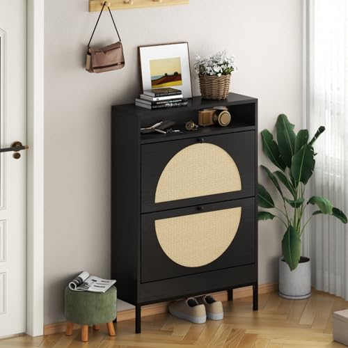 Black Rattan Shoe Cabinet with 2 Flip Drawers K5641