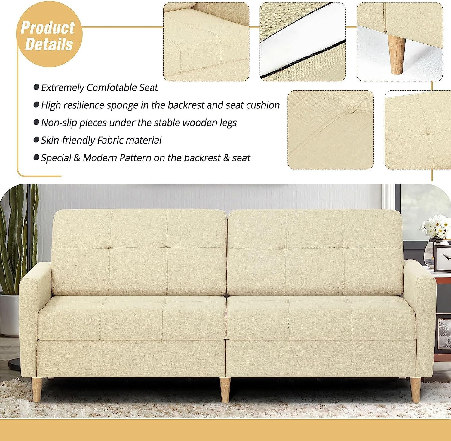 Beige Linen Sleeper Loveseat Sofa with Solid Wooden Frame C672809