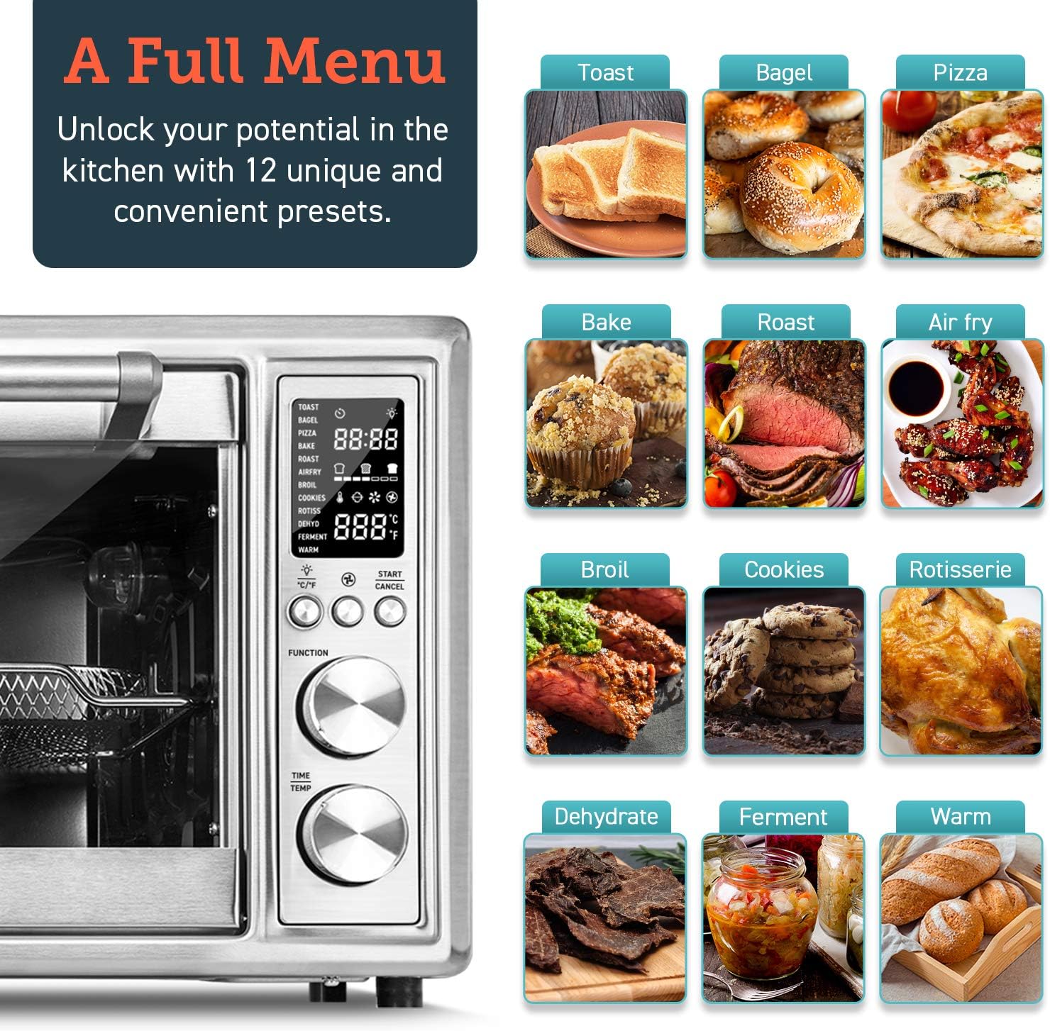 12-in-1 Air Fryer Toaster Oven Convection Roaster with Rotisserie & Dehydrator, 30L, Silver & Electric Kettle Glass Boiler Hot Water & Tea Heater with LED Indicator Light, 1.7L, Black X3423