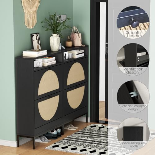 Black Rattan Shoe Cabinet with 2 Flip Drawers K5641