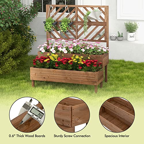 2-Tier Raised Wooden Garden Bed with Trellis X916419
