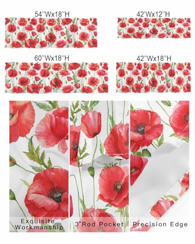 Watercolor Red Poppy Flower White Short Kitchen Curtains 54x18IN K9782