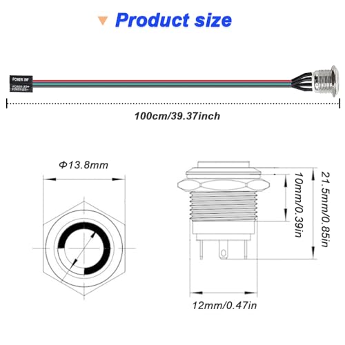 12mm Metal Button Cable PC Case LED Power Button ATX Supply On/Off Extension Cord with 1 to 2 splitters (Green) O981