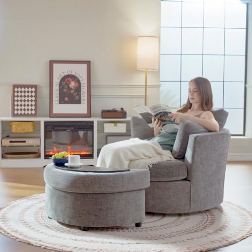 White Large Swivel Accent Barrel Chair with Ottoman S33878