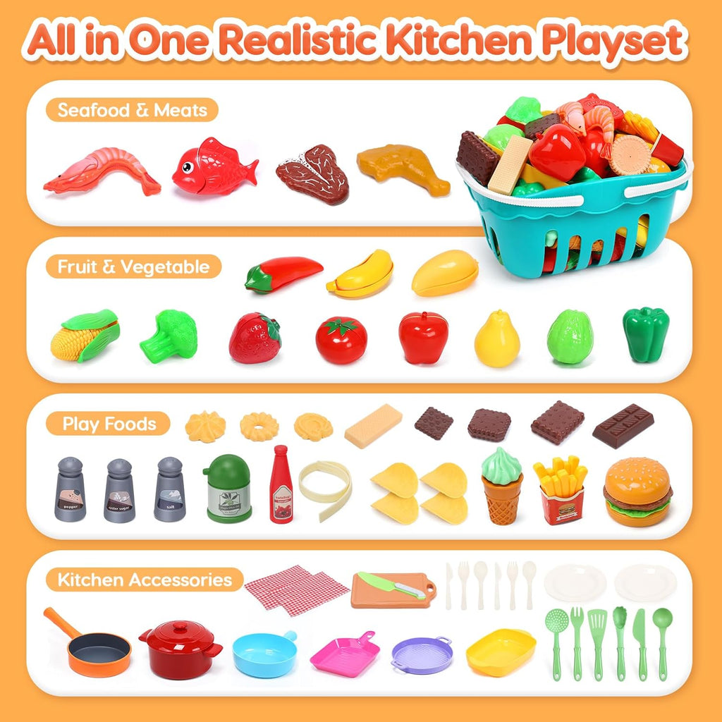 Play Sink with Running Water Electric Faucet Kitchen Sink Toys Pots and Pans Set with Play Food and Storage Basket Y40326