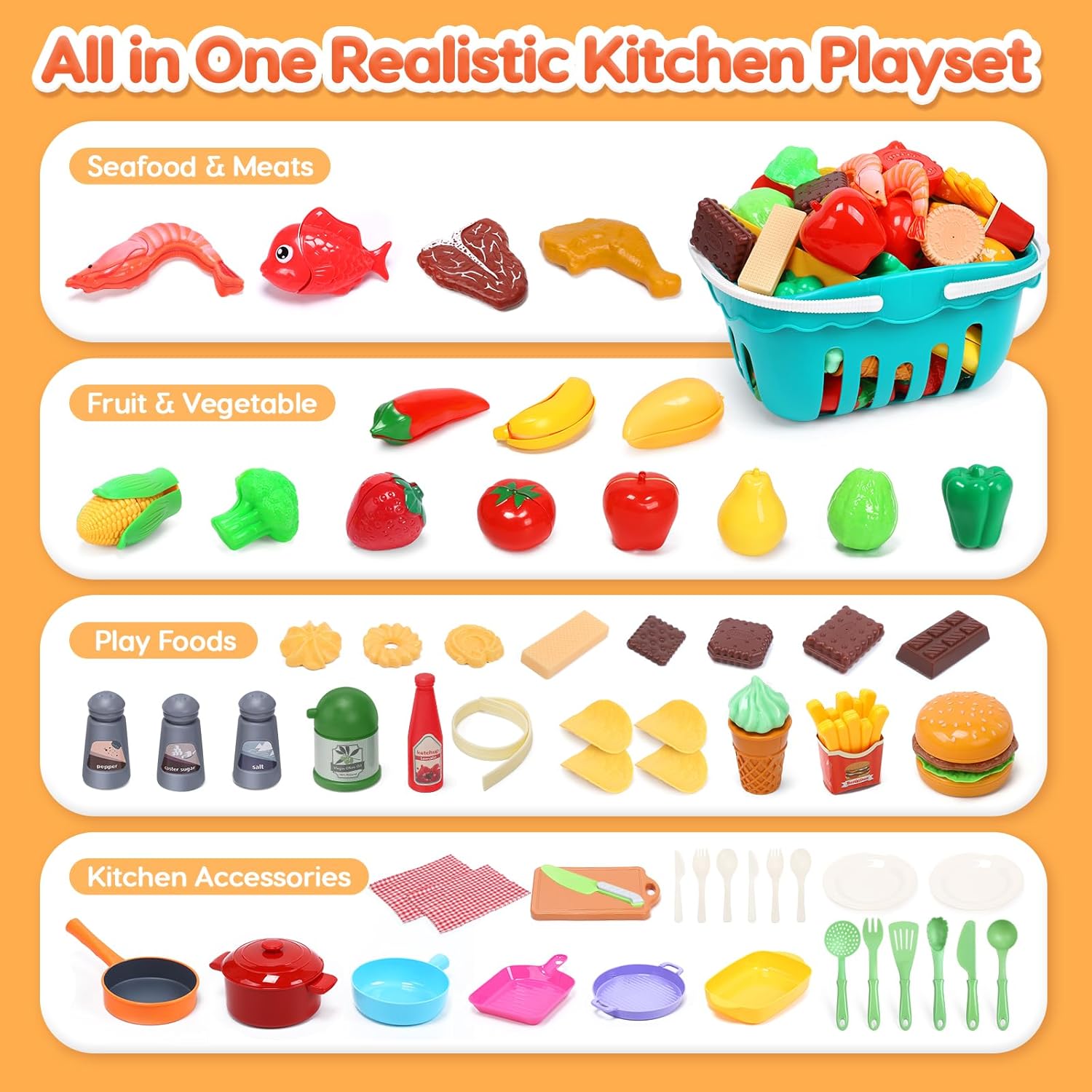 Play Sink with Running Water Electric Faucet Kitchen Sink Toys Pots and Pans Set with Play Food and Storage Basket Y40326