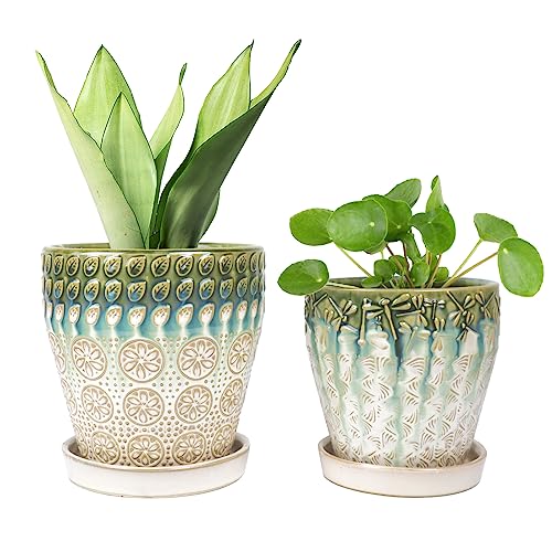 6 Inch Ceramic Planter with Drainage Hole and Saucer, Set of 2 T7052