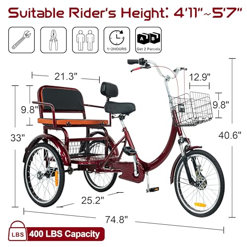 Adult Tricycle, 20 Inch 3-Wheel Bike with Seat and Baskets N6037