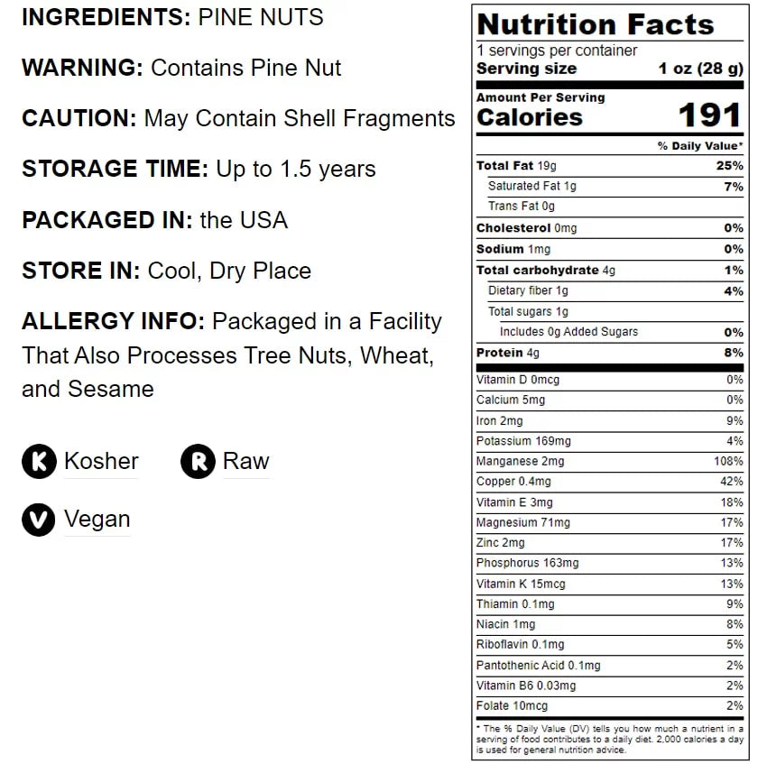 Pine Nuts, 1 Pound — Kosher, Vegan, Raw R680058
