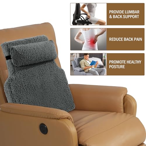 Sherpa Fleece Lumbar Support Pillow with Headrest Memory Foam Recliner Chair Cushion (Grey) V880