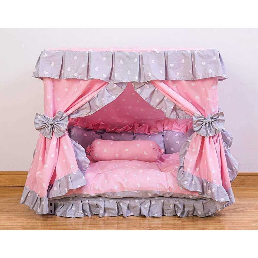 Princess Pink grey White Heart Pet Dog Handmade Bed House with Pillow D24147