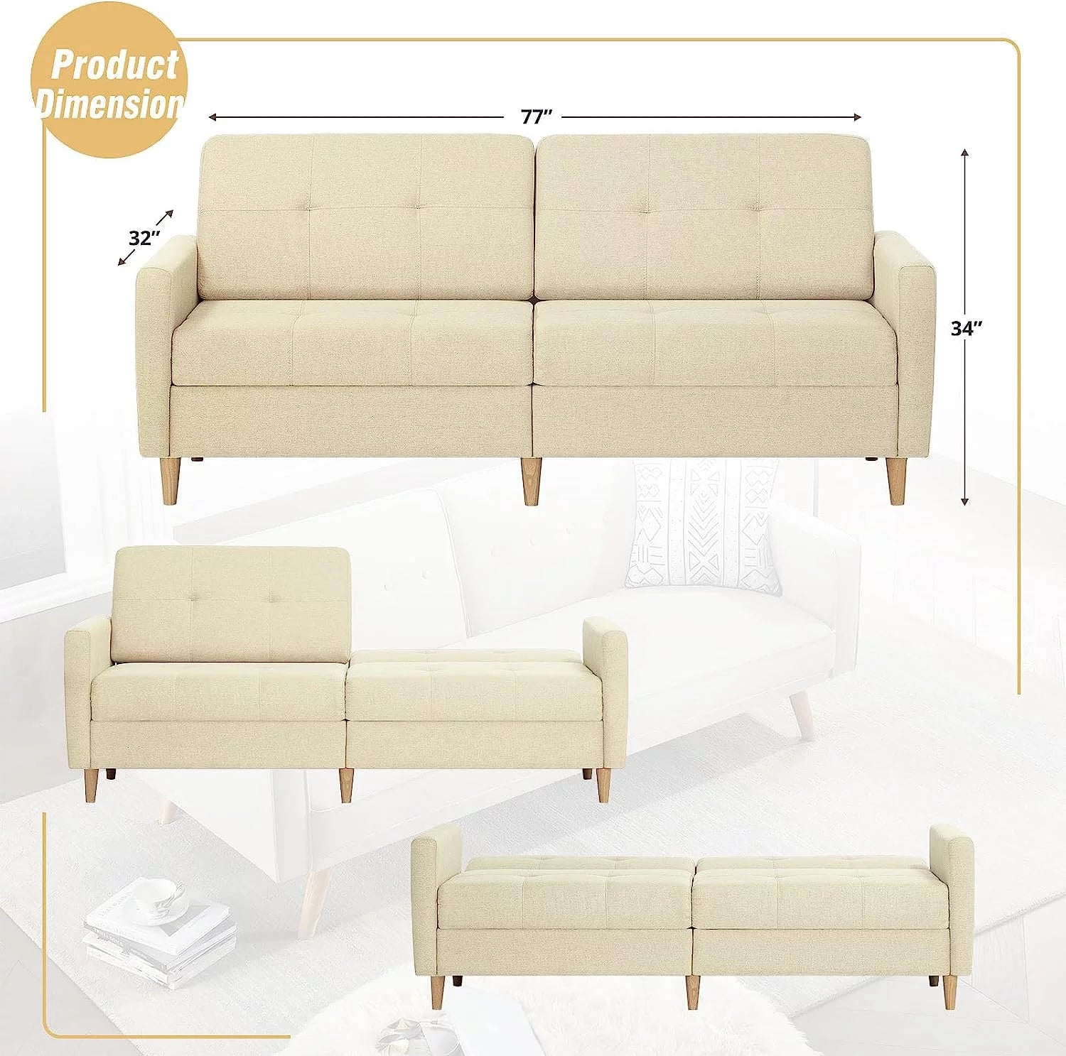 Beige Linen Sleeper Loveseat Sofa with Solid Wooden Frame C672809