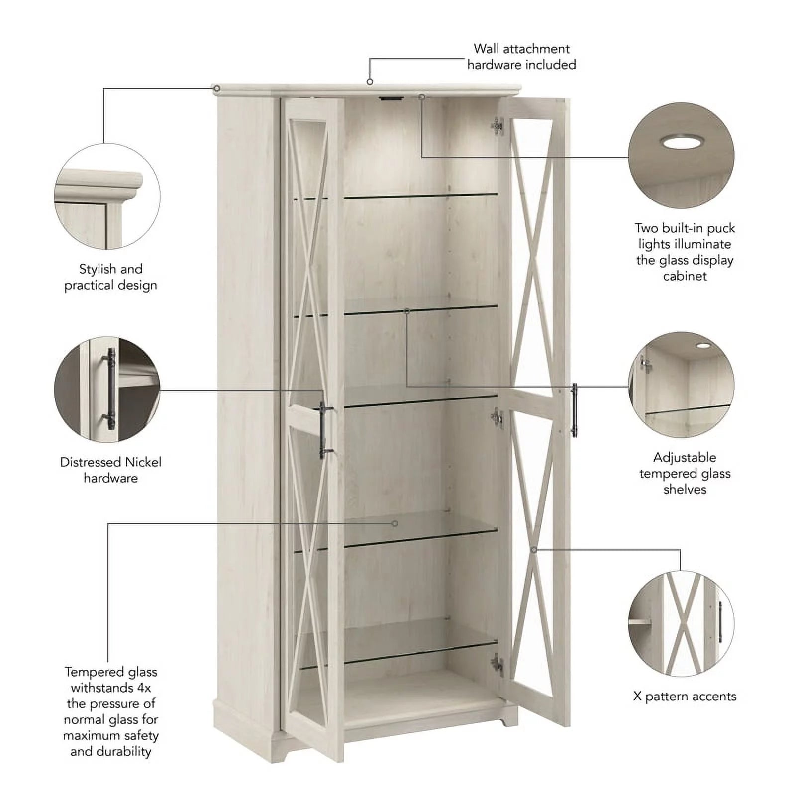Linen White Oak Curio Cabinet with Glass Doors C3972