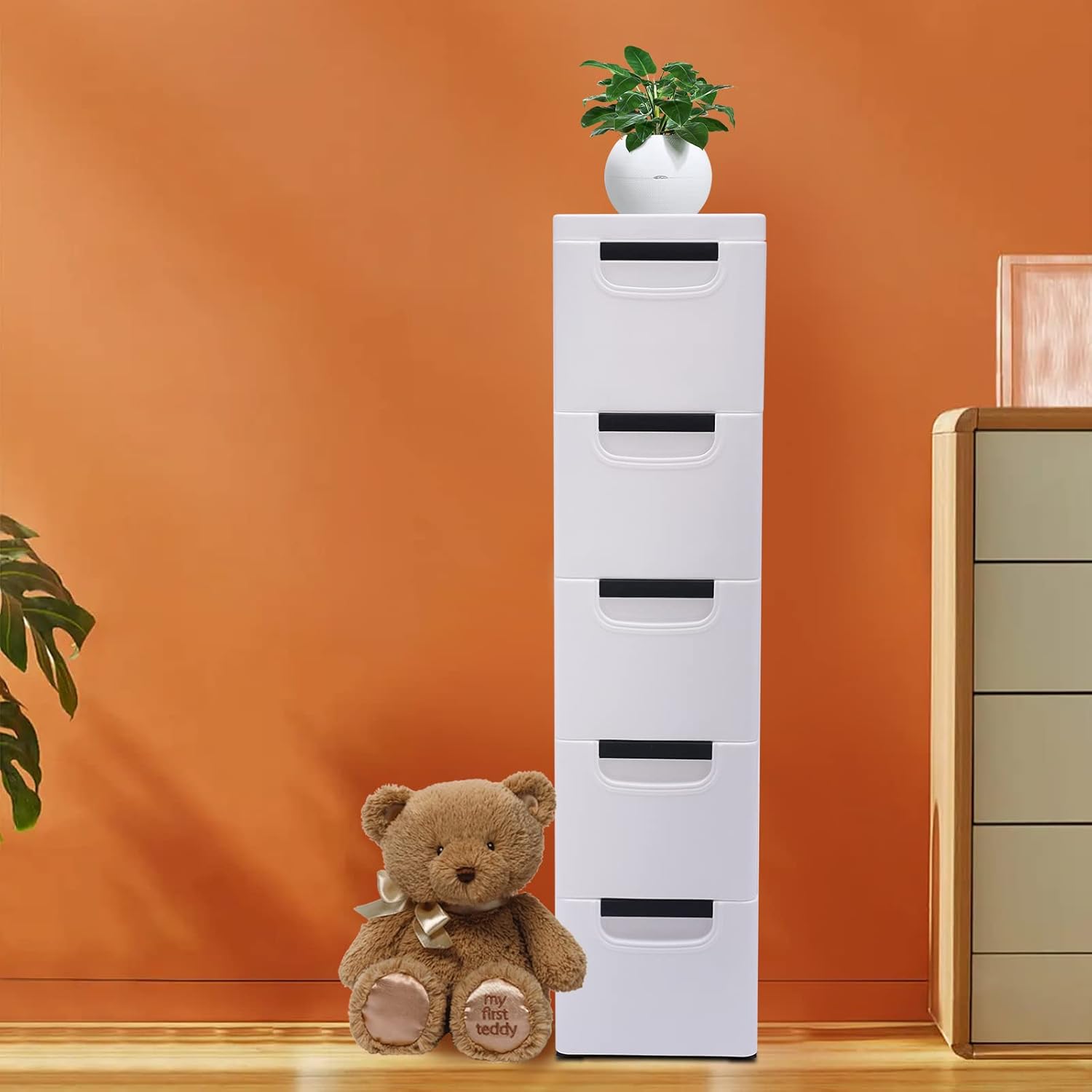 White 5 Tier Plastic Storage Tower with Wheels W929085