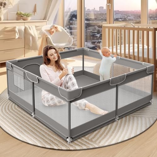 Grey 50 x 50 Inch Baby Playpen with Fabric and Mesh Z832884