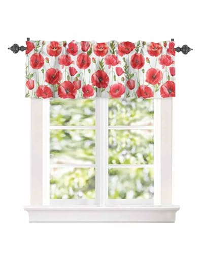 Watercolor Red Poppy Flower White Short Kitchen Curtains 54x18IN K9782