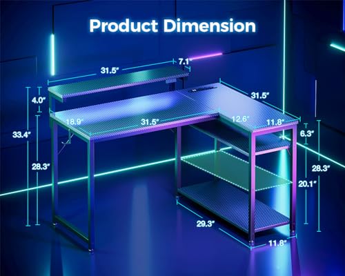Black L Shaped Gaming Desk with Power Outlet, Height Adjustable Monitor Stand, LED Lights G390350