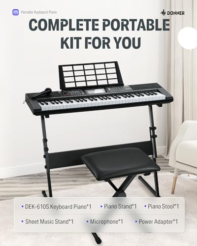 Black 61 Key Electric Piano Keyboard Kit with Stand, Stool, Microphone B664